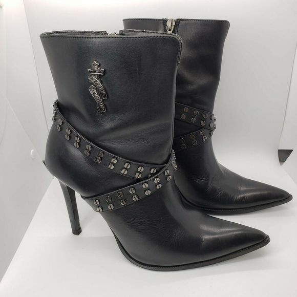 Harley Davidson Ankle Boots Black Leather Heels - Picture 2 of 11